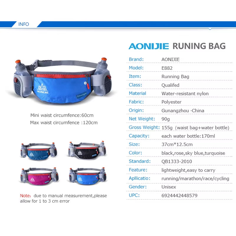 E882 Marathon Jogging Cycling Running Hydration Belt Waist Bag Pouch Fanny Pack Phone Holder with 170Ml Water Bottles